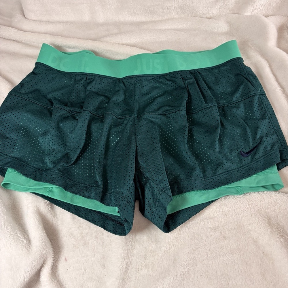Nike Double Up Compression 2in1 Dri-Fit Training Mesh Shorts Womens Green L EUC